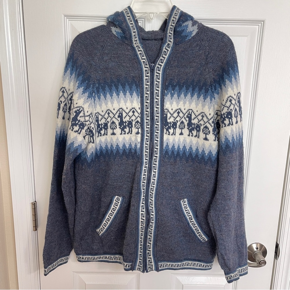 Little Llamas Full Zip Hooded Alpaca Wool Knitted Sweater Jacket, Women’s